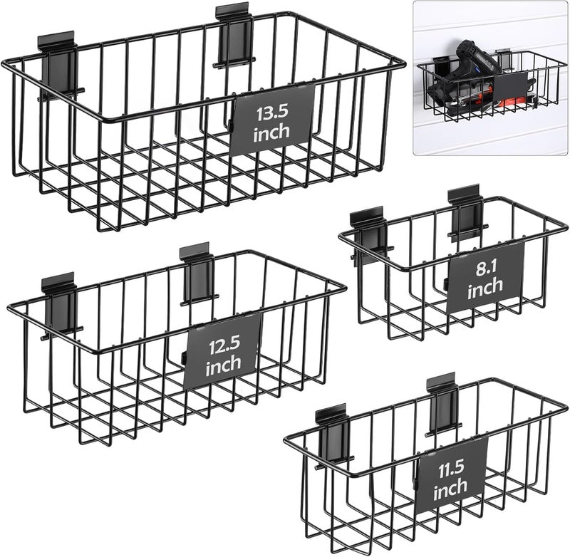 Maxcheck 4 Pcs Black Metal Slatwall Basket with Removable Tags Ventilated Slatwall Baskets Wall Mounted Storage Baskets Hanging Basket Organizer Slatwall Accessories for Shop Room Display Organizing - Image 1